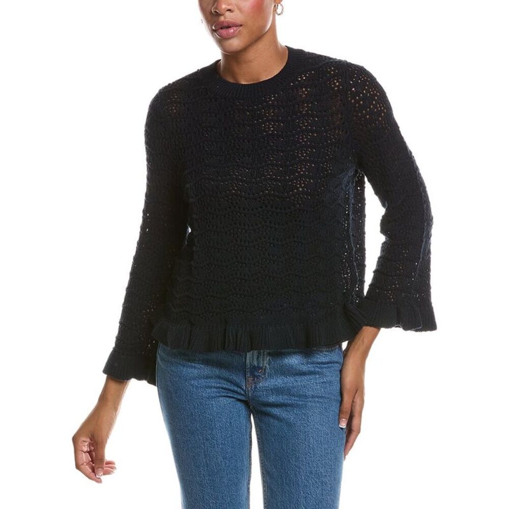 Autumn Cashmere Womens  Pointelle Ruffle Edge Crewneck Sweater, Navy